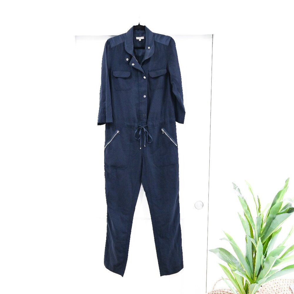 Rebecca Taylor Size 2 Blue Utility Tie Waist Silk Jumpsuit in Navy